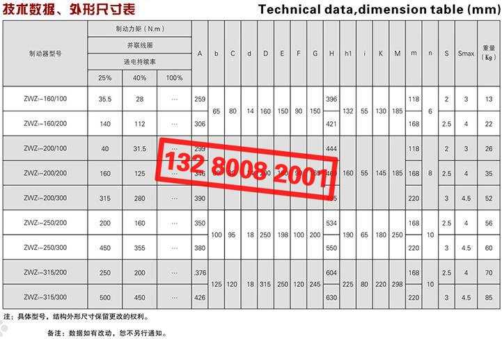 ZWZ3系列直流電磁鼓式制動器技術數(shù)據(jù)、外形尺寸表